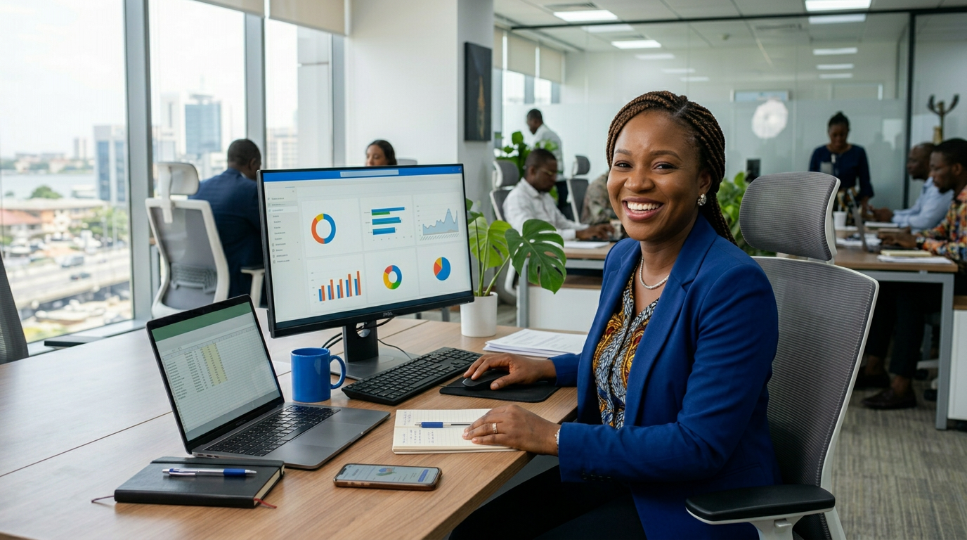 Finance manager reviewing compliance dashboard in Lagos office